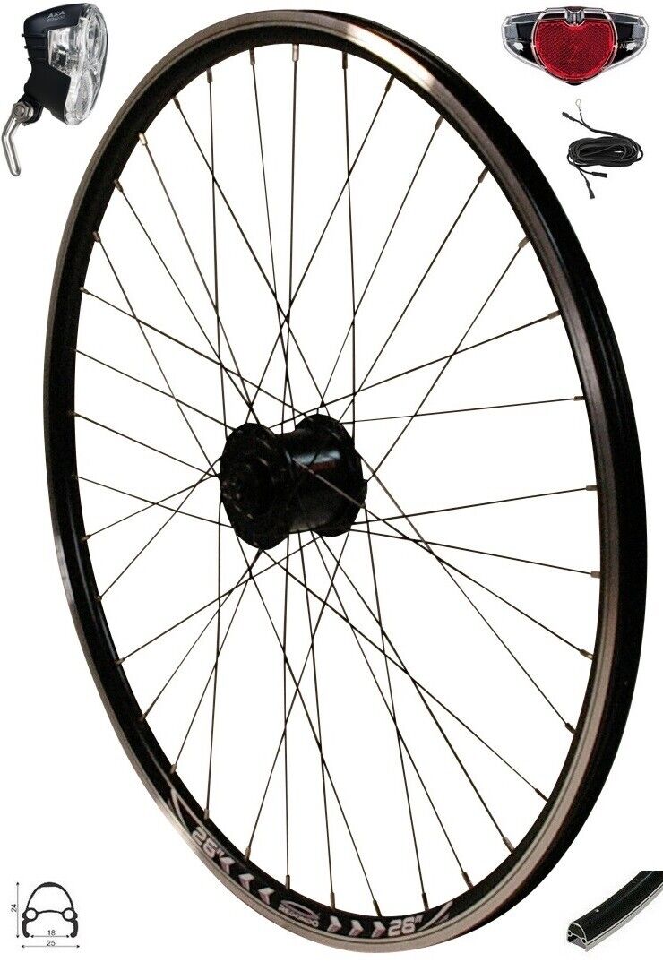 fahrrad vorderrad 26 kaufen REDONDO 26 Zoll Vorderrad Schwarz mit Shimano Nabendynamo und AXA Sche – redondo