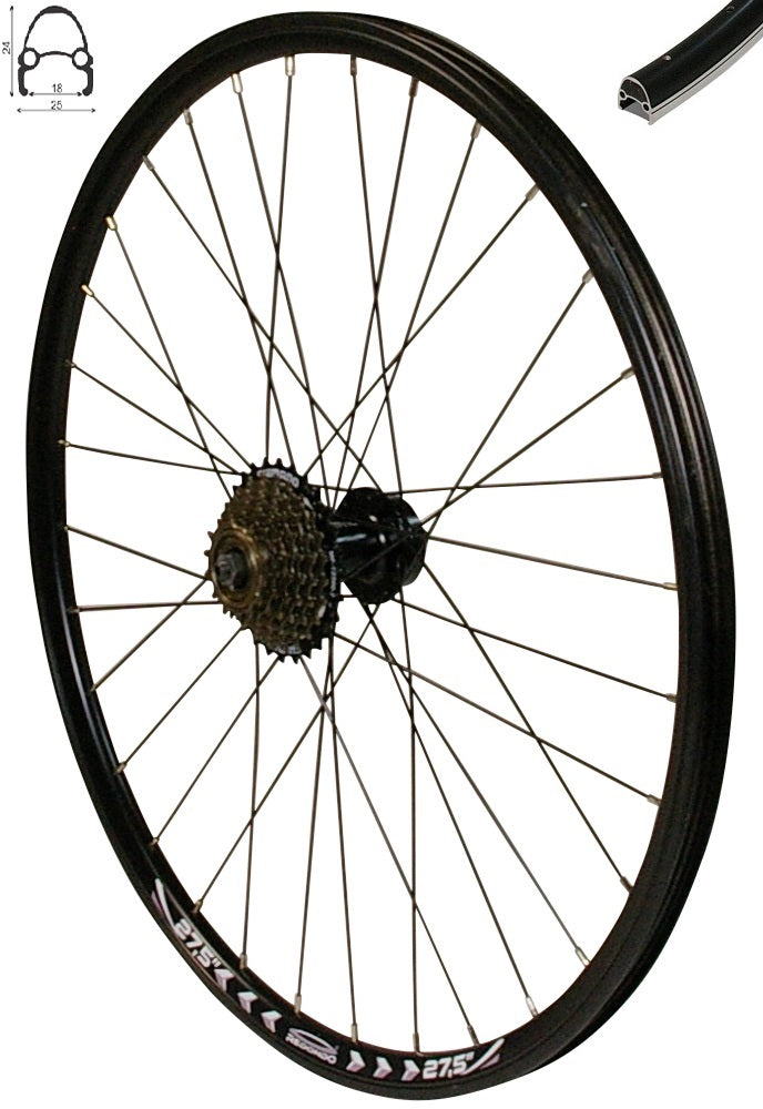 REDONDO 27,5 Zoll Hinterrad Laufrad Felge QR Schwarz Disc + 7 Fach Shimano Kranz